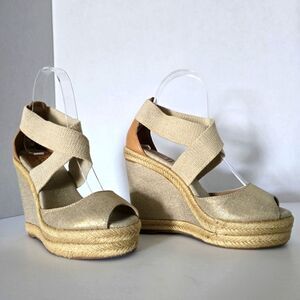Tory Burch Kate Linen Espadrille Natural Gold Wedge Size 6